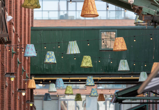 Hanging shaded lights in walkway distillery district