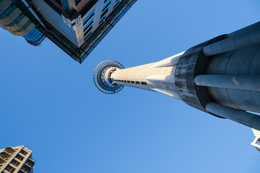 Auckland Sky Tower, Clear Blue Sky - Up Skyscraper Perspective