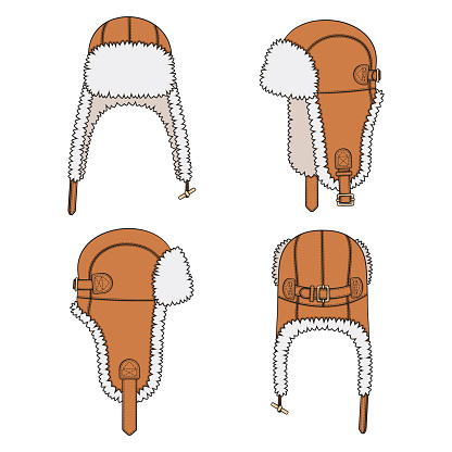 Set of color illustrations with flying cap with earflaps. Isolated vector objects on white background.