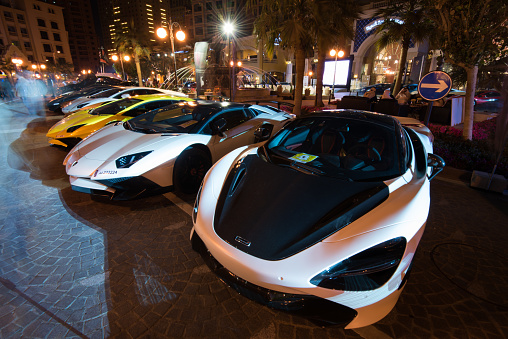 Doha , Qatar-February 01,2023 : Exhibition of luxury supercars organized by the Qatari team called \