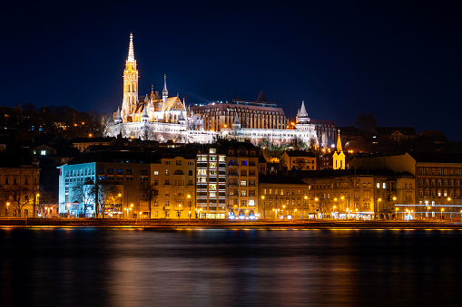 Budapest, cityscape, illuminated, night, Danube, Buda side, Pest, quay, Fisherman's Bastion