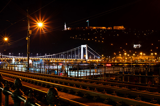 Elisabeth bridge, illuminated, night, lights, Danube, Gellért Hill, Budapest, Hungary, trams