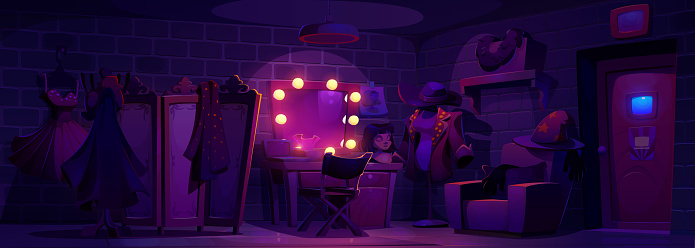 Backstage theater room in night. Cartoon vector dark empty interior of place to prepare actor before performance or filming with table and mirror for makeup, changeable clothing, screen for dressing.
