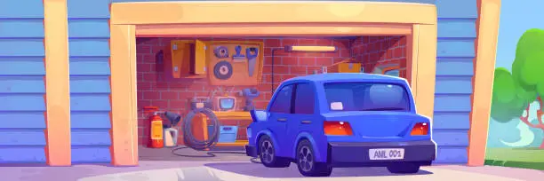 Vector illustration of Car on road near house garage vector background