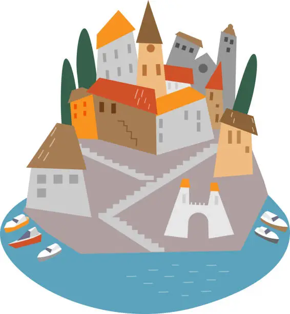 Vector illustration of Landscape with medieval stone houses and castles on the island. Island in the sea and boats. Genoa.