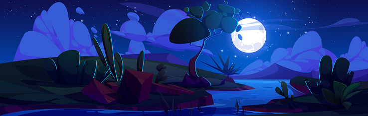 Cartoon landscape with winding river in night. Vector scene with trees, bushes and cactuses on riverside and starry cloudy sky with fool moon. Panoramic summer scene with water stream in twilight