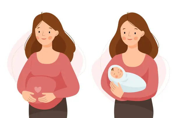 Vector illustration of Two scenes with a happy pregnant woman and a mother with a baby in her arms. Healthy happy pregnancy and motherhood.
