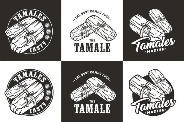 Vector illustration of Monochrome mexico tamale set vector with corn leaves for logo or emblem. Latin traditional tamales collection for restaurant or cafe of Mexico fast food