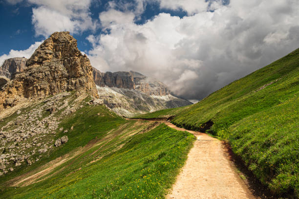 Alpine landscape from the Viel del Pan trail toward the Passo Pordoi, Val di Fassa, Dolomites, Italy