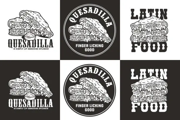 Vector illustration of Monochrome mexican quesadilla set vector with cheese and vegetable for logo or emblem. Latin traditional mexican fast food. Quesadillas Mexico food with tortilla and meat for poster or print