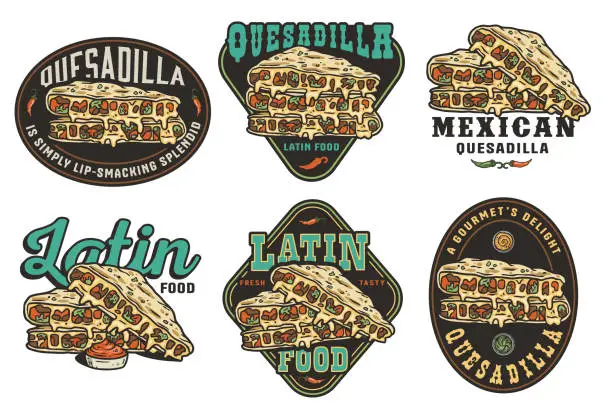 Vector illustration of Mexican quesadilla set vector with cheese and vegetable for logo or emblem. Latin traditional mexican fast food. Quesadillas Mexico food with tortilla and meat for poster or print