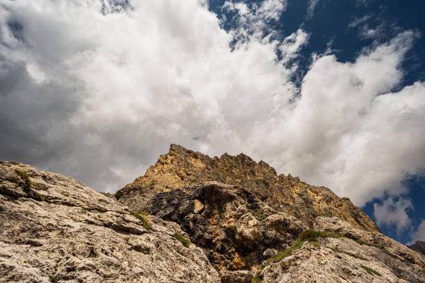 Alpine landscape from the Viel del Pan trail toward the Passo Pordoi, Val di Fassa, Dolomites, Italy