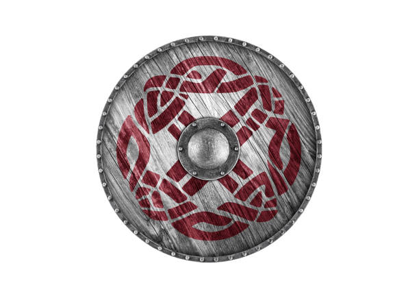istock Old decorated wooden round shield isolated on white background 1993320856