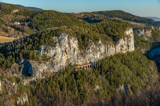 Mountains raiway near Semmering spa town in Austria winter sunny Alps without snow