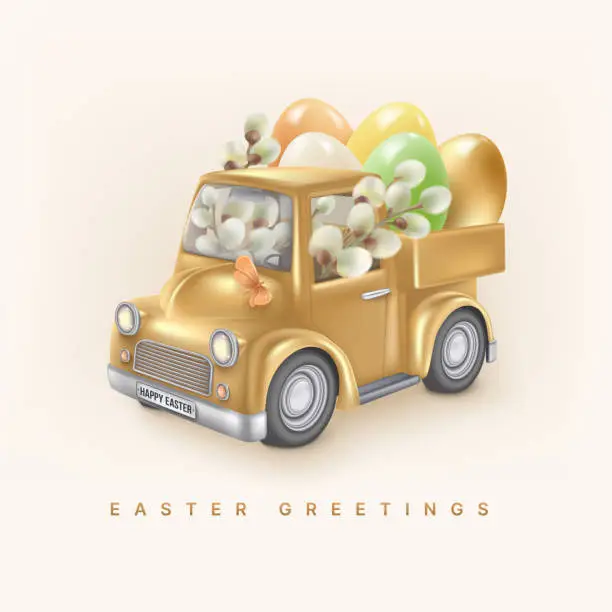 Vector illustration of Happy Easter greeting card with toy car and eggs with willow