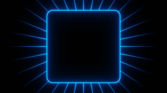 Blue neon square frame with moving stripes loop animation