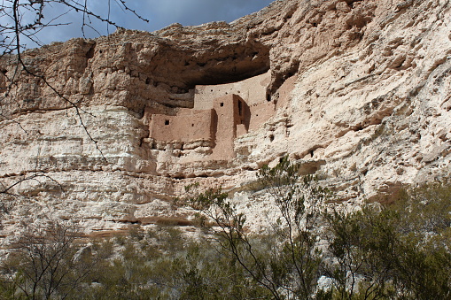 A closeup view of Montezuma Castle National Monument, a set of well-preserved dwellings located in Camp Verde, Arizona, which were built and used by the Sinagua people, a pre-Columbian culture.