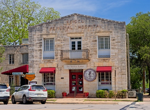 Fredericksburg, TX - USA, April 28, 2023. Kitchen and cookware shop in the old Keidel Memorial Hospital, Fredericksburg, Texas.
