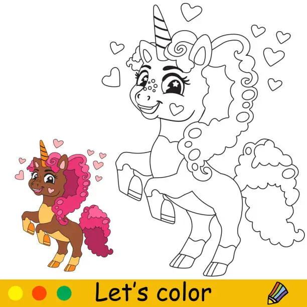 Vector illustration of Kids coloring unicorn with curly mane vector