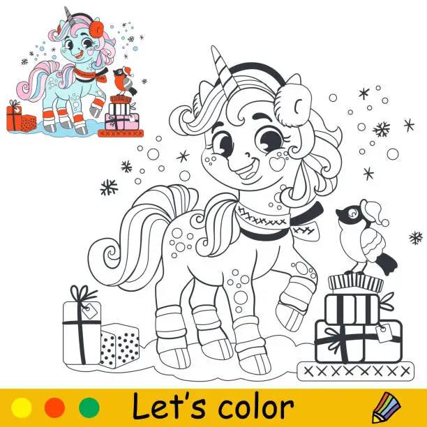 Vector illustration of Kids coloring with Christmas unicorn and gifts