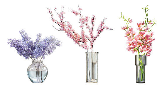 Set of spring bunch flowers in glass vases, isolated on white background. 3D render.