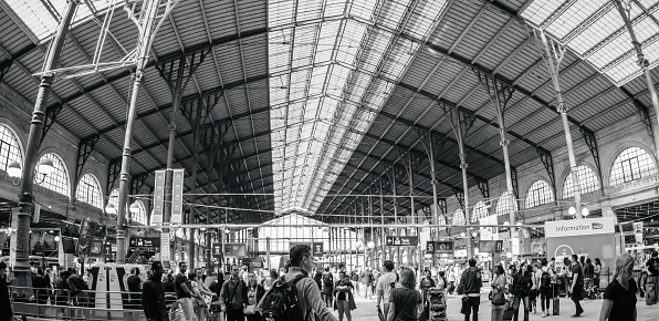 Paris, France - May 20, 2018: ultra wide-angle view of group of tourists with luggage on inside large Gare du Nord - black and white image