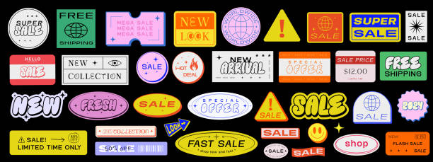 Set Of Retro Sale Stickers Vector Design . Cool Promo Patches Special Offer Discount Illustration. Y2k Label Tags. Online Stoke Shop Signs.