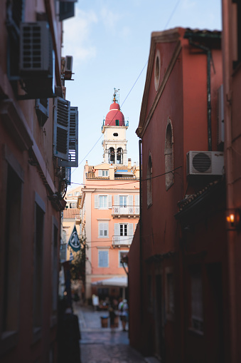 Corfu street view, Kerkyra old town beautiful cityscape, Ionian sea Islands, Greece, a summer sunny day, pedestrian streets with shops and cafes, architecture of historic center, travel to Greece