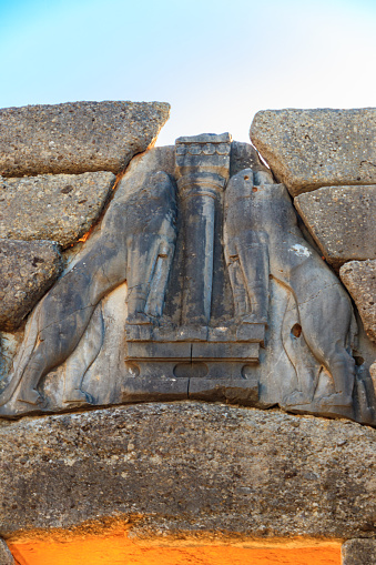 Lion's gate, the main entrance of the citadel of Mycenae. Archaeological site of Mycenae in Peloponnese, Greece