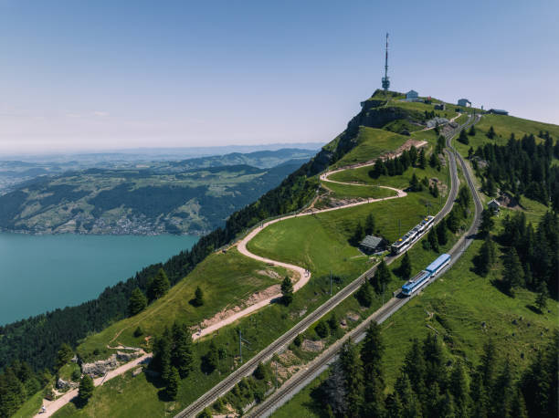 Switzerland Rigi Mountain Top Train station Drone view