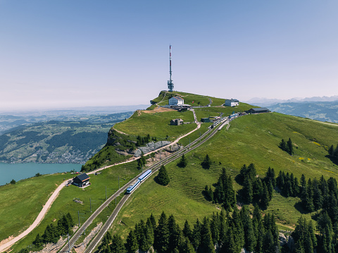 Switzerland Rigi Mountain Top Train station Drone view