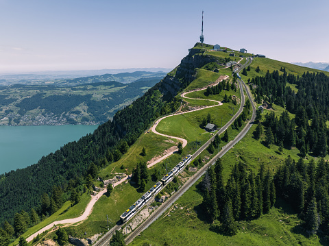 Switzerland Rigi Mountain Top Train station Drone view
