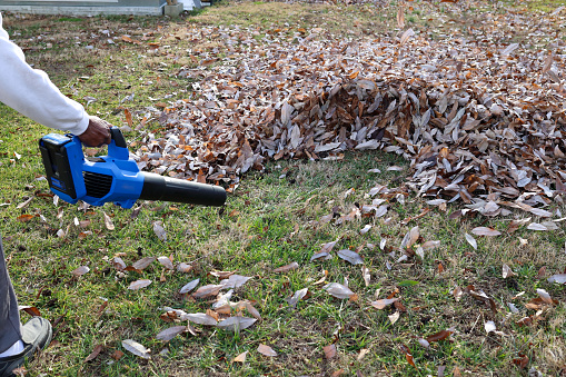 A black man blowing leaves with a leaf blower