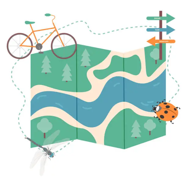 Vector illustration of ecotourism banner. cycling through forest. vector. Bicycle tourism.