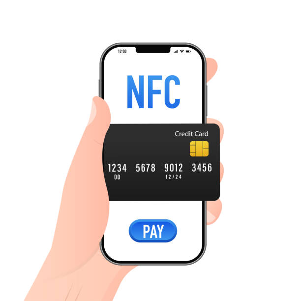 카드 구매, 온라인 쇼핑에 대한 지불 개념. 스마트폰, 휴대폰 또는 카드를 사용한 nfc 결제. 전자 지갑을 통해 무선으로 신용 카드로 결제합니다. 벡터 일러스트 레이 션 - 6731 stock illustrations