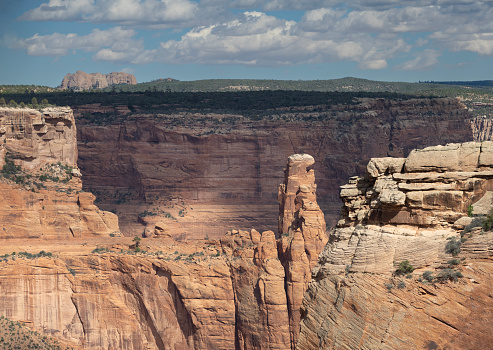 Canyon de Chelly National Monument in Arizona features spectacular formations of sandstone, which visitors may view from overlooks on the rim of the canyon.  The monument sits on land wholly owned by the Navajo Nation.  The park is operated by the National Park Service in cooperation with the Navajo, and members of the tribe live in the bottom of the canyon amid flowing streams and cottonwood trees.