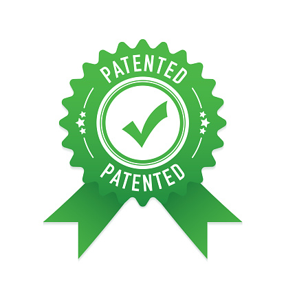 Patented label or sticker. Patent stamp badge icon vector, successfully patented licensed label. Registered intellectual property, patent license certificate submission. Vector illustration