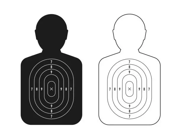 Vector illustration of Human targets in Black and White for Shooting Practice. Firearm and archery shooting range practicing human torso silhouette, sniping sport competition. Practicing aim firing. Vector illustration