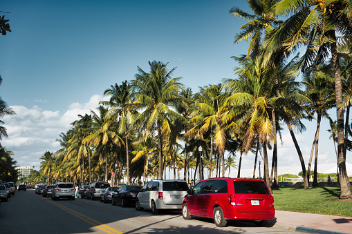 Cars are parked on Ocean Drive at Lummus Park in South Beach, Miami, Florida, USA on a sunny day.
