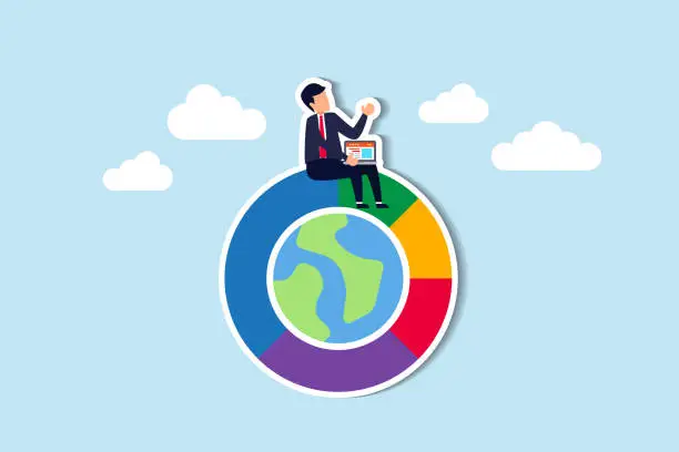 Vector illustration of Global asset allocation, global stock market investment, international market pie chart, financial or world economic concept, businessman work with computer laptop on world pie chart.