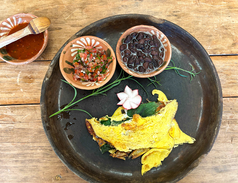 Oaxaca, Mexico: Scrambled Eggs with Beans and Salsa, Clay Plate