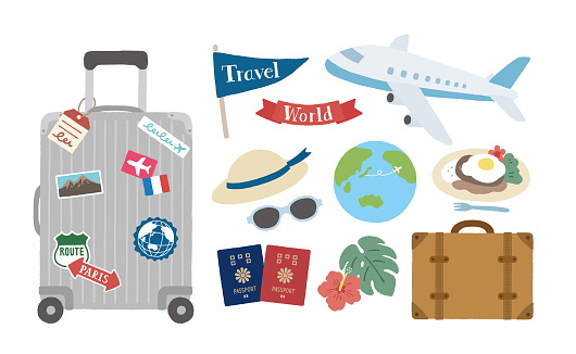 Travel icons such as suitcases and airplanes