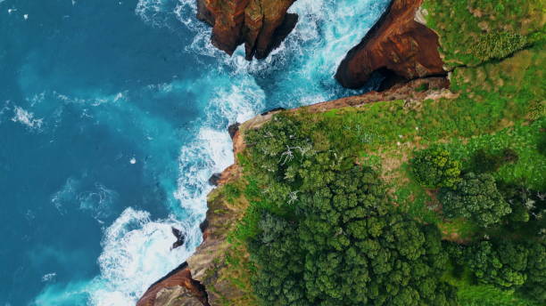 istock Foaming turquoise sea splashing at stoned cliffs. Lagoon waves washing peninsula 1993672005