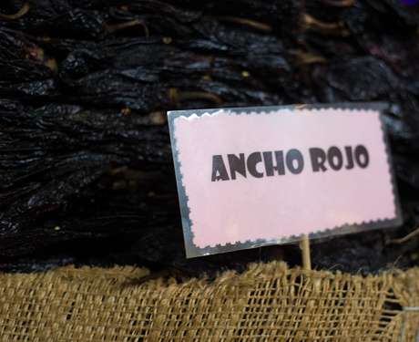 Oaxaca, Mexico: Burlap Bag Ancho Rojo Chilis at Market, Sign