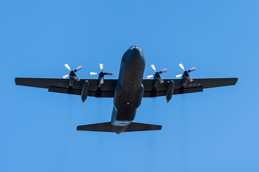 L’Isle-Verte, Quebec, Canada - 22 may 2023 : Canadian CC-130H Hercules fly over l’Isle-Verte