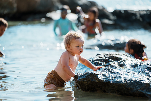 An adorable one year old Eurasian boy of Hawaiian and Chinese descent has fun splashing in the ocean and playing near a rock while at the beach in Hawaii with his family.