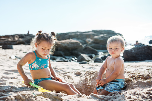 An adorable three year old Eurasian girl and her one year old brother sit together on a sandy beach in Hawaii and dig a hole.