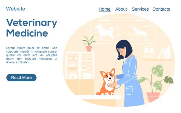 Vector illustration of Young female veterinarian in lab uniform examining cute dog on pet hospital background. Veterinary medicine landing page. Flat line website design template Vet clinic internet page vector illustration