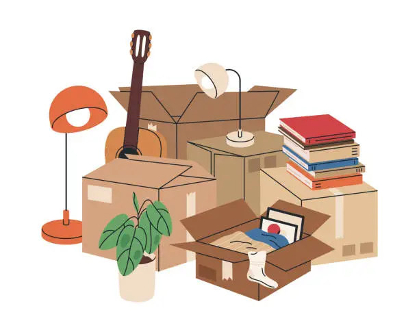 Vector illustration of House moving boxes. Cardboard cargo boxes with clothes, books and potted plants, stacked boxes with goods flat vector illustration. New home moving stuff packages on white