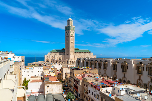 Casablanca, Morocco - Sep. 11, 2023: Hassan II Mosque and residential district, Casablanca, Morocco.